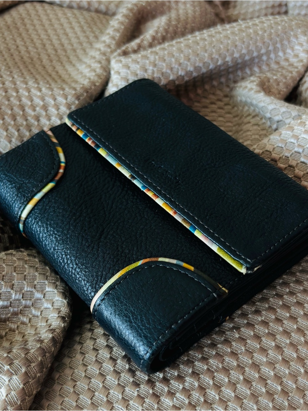 Paul Smith Black Leather Bifold Wallet with Iconic Multicolor Stripe Trim